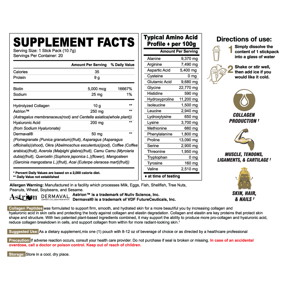 Hydrolyzed Collagen Peptides Unflavored | Grass Fed Bovine Types I &amp; III with Dermaval®, Astrion®, Biotin + Hyaluronic Acid
