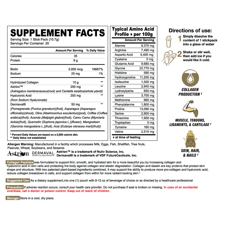 Hydrolyzed Collagen Peptides Unflavored | Grass Fed Bovine Types I &amp; III with Dermaval®, Astrion®, Biotin + Hyaluronic Acid